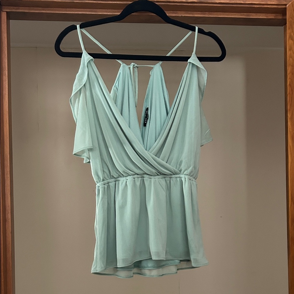 Express Light Green Ruffle Off Shoulder Blouse, Small